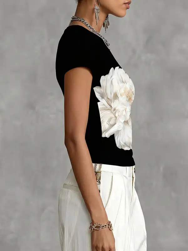 Short Sleeve Contrast Floral Print Round Neck T-Shirt