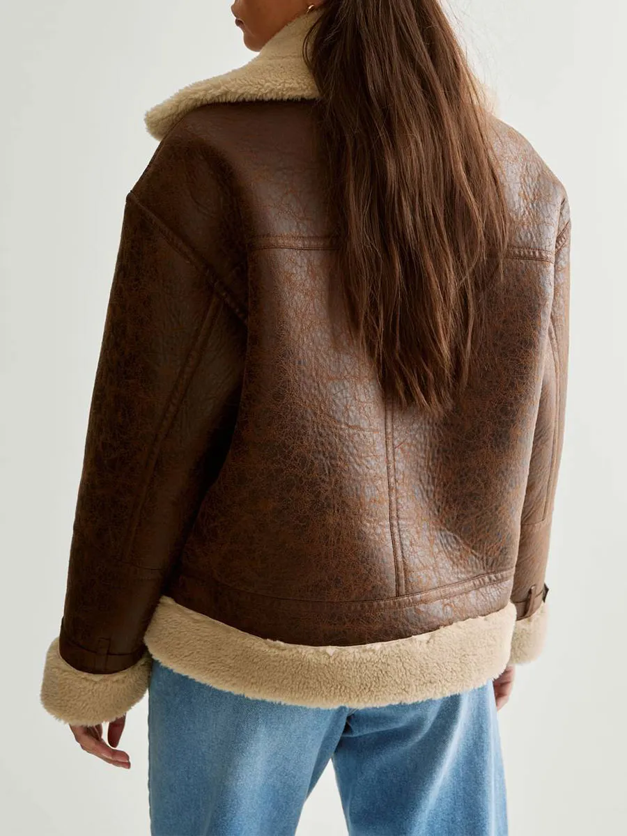 Brown Leather Shearling Lined Button Coat