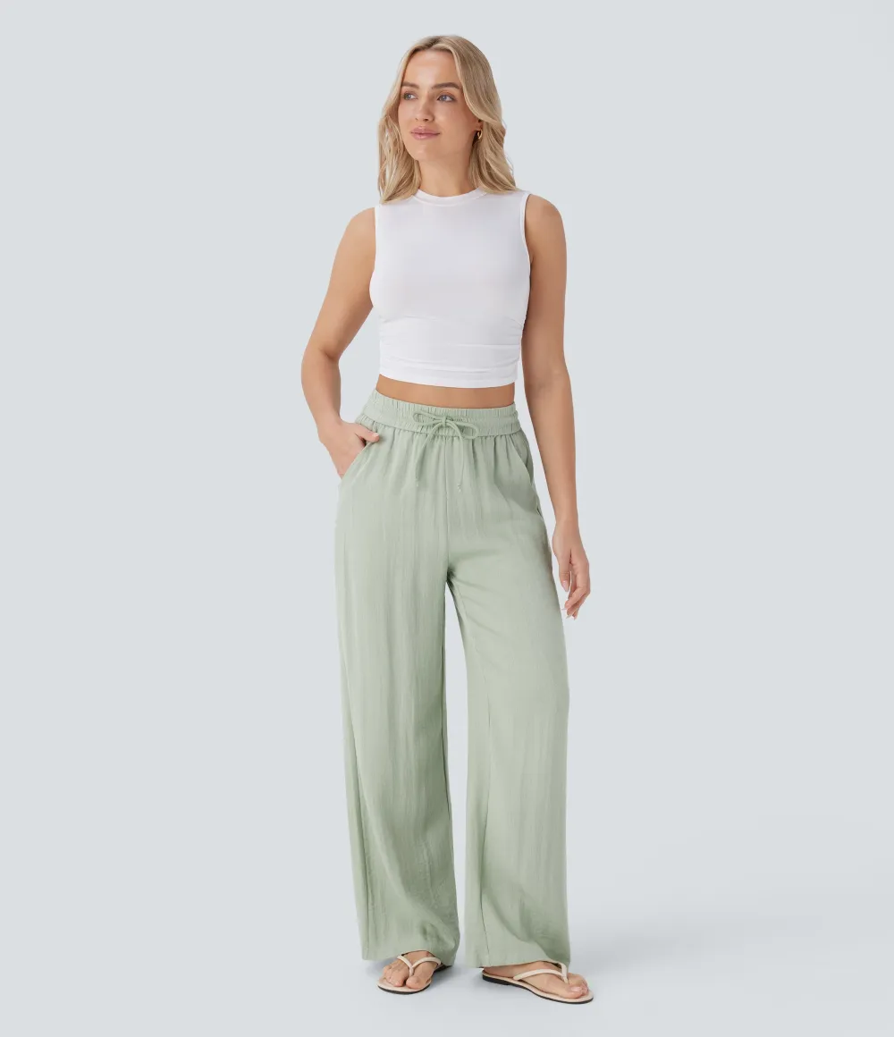 2026🔥  High Waisted Drawstring Pocket Wide Leg Casual Linen-Feel Pants