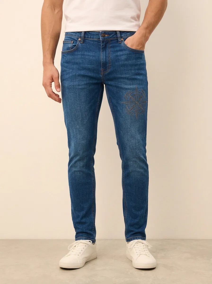 Men's Blue Nautical Compass Star Stretch Jeans