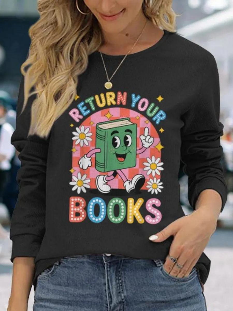 Cartoon Book Round Neck T-Shirt
