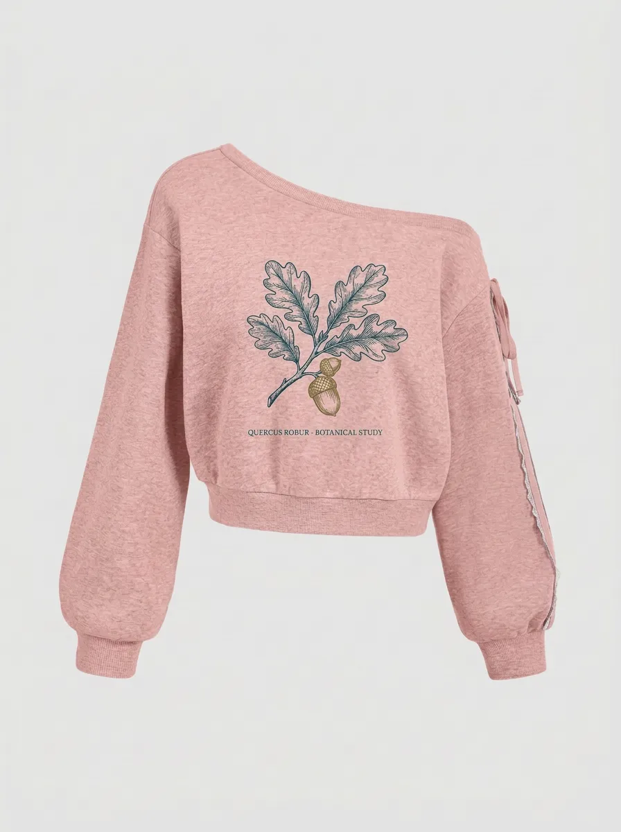 Women's Nature Oak Acorn Botanical Graphic Off-Shoulder Sweatshirt