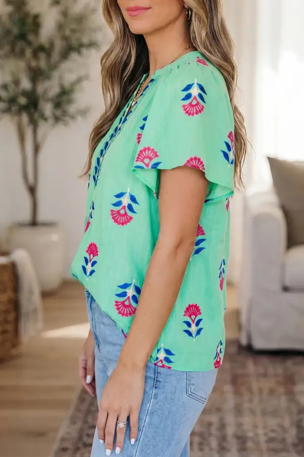 Women's Floral Print V Neck Flutter Sleeve Top
