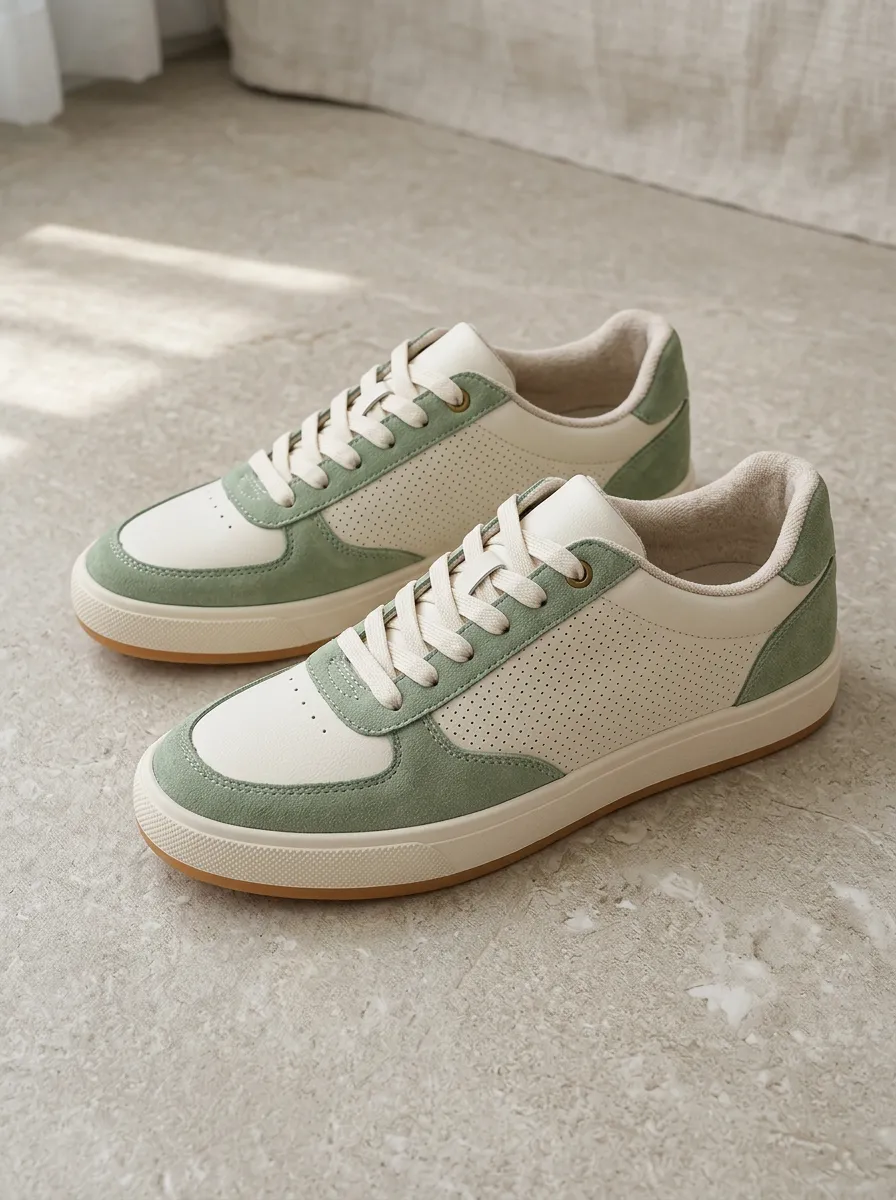 Women's Sage Green Suede Perforated Casual Sneakers