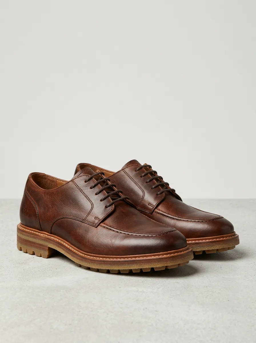 Men's Classic Brown Leather Moc Toe Lug Sole Oxford Shoes