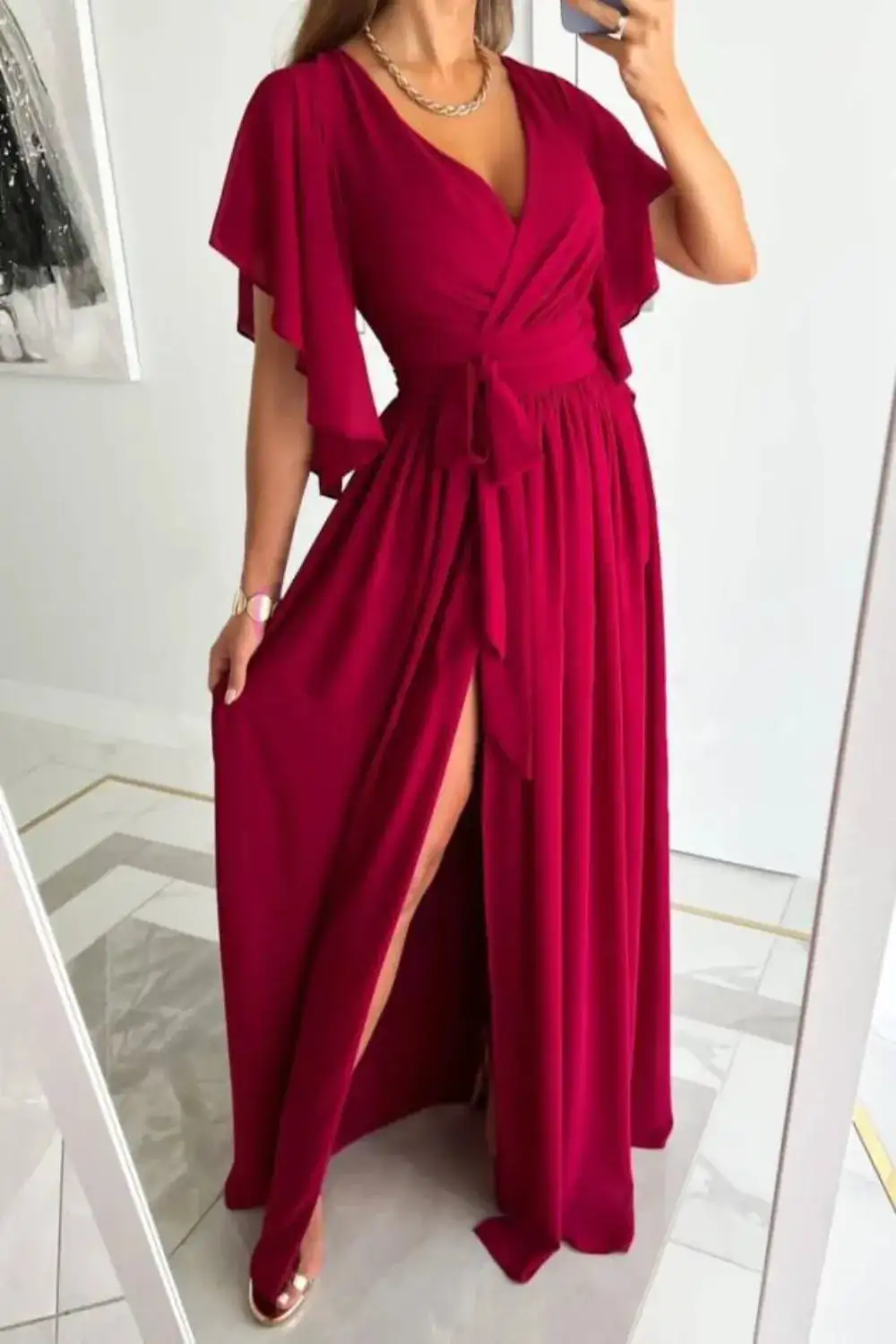 Relaxed Surplice Neck Flutter Sleeve Dress