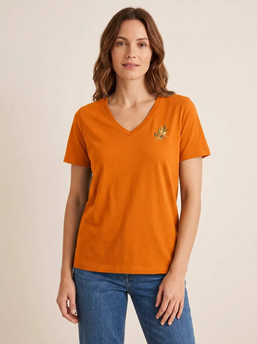 Women's Olive-Branch-Embroidered V-Neck T-Shirt