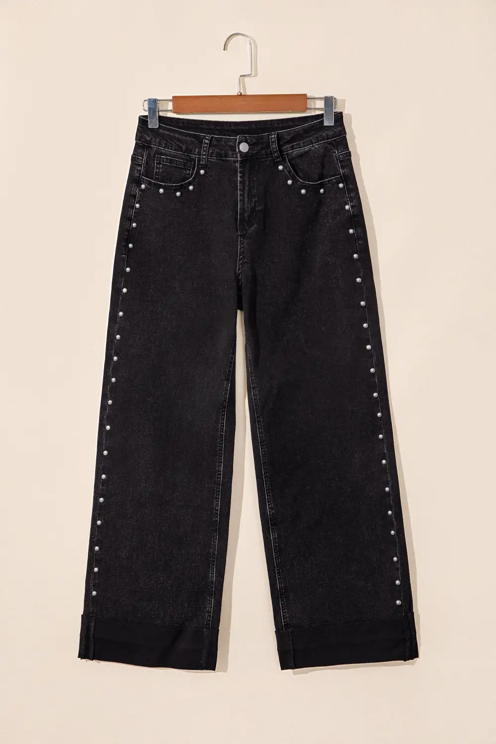 Women's Casual Loose Jeans With Studded Straight Leg Detail