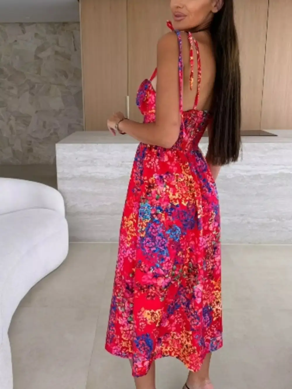 Printed Tie-strap Midi Dress