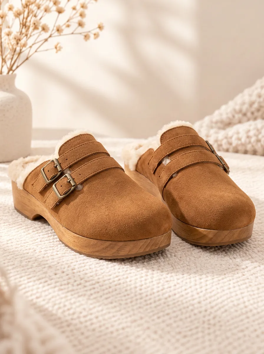 Women's Tan Double-Buckle Plush-Lined Wood-Effect Clogs