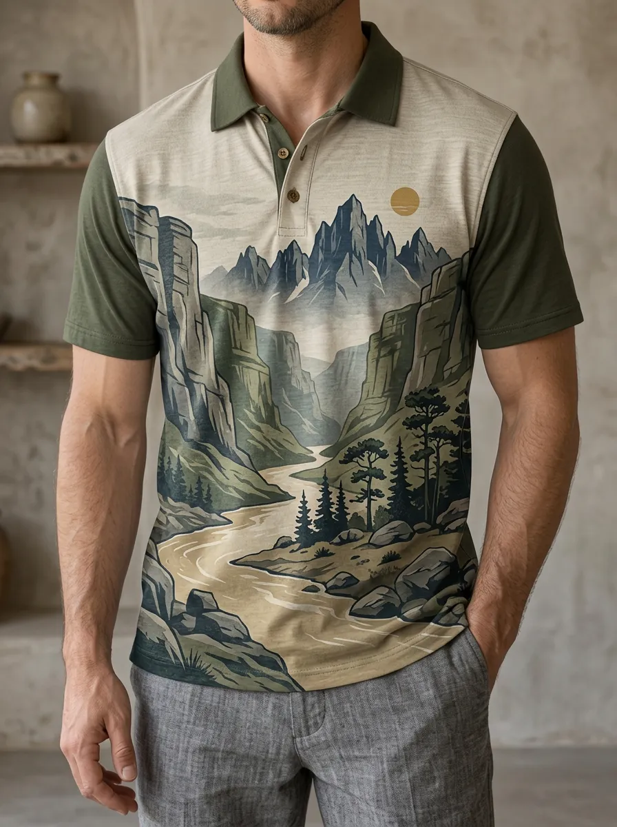 Men's Mountain River Landscape Printed Polo Shirt Everyday Casual Style