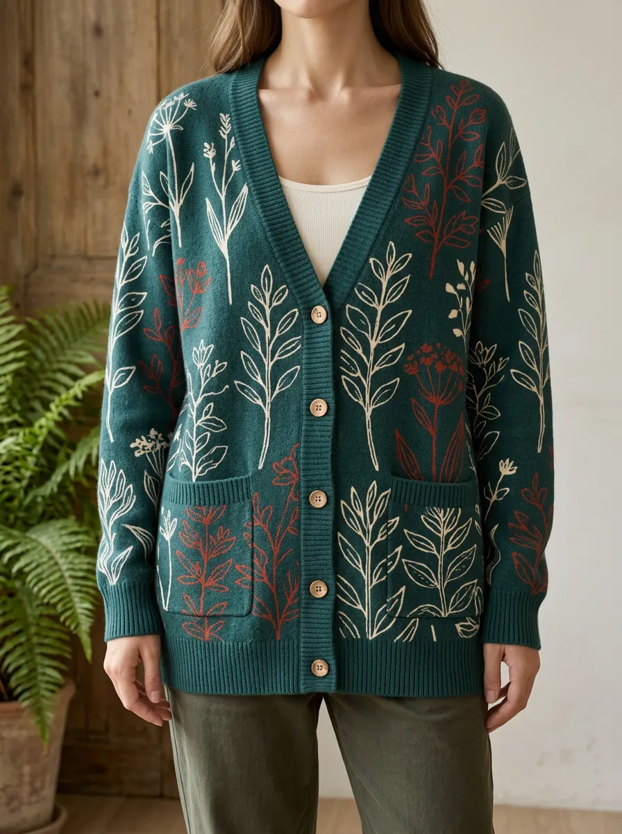 Women's Botanical Nature Lover Floral Printed Ribbed Trim Weekend Layering Cardigan