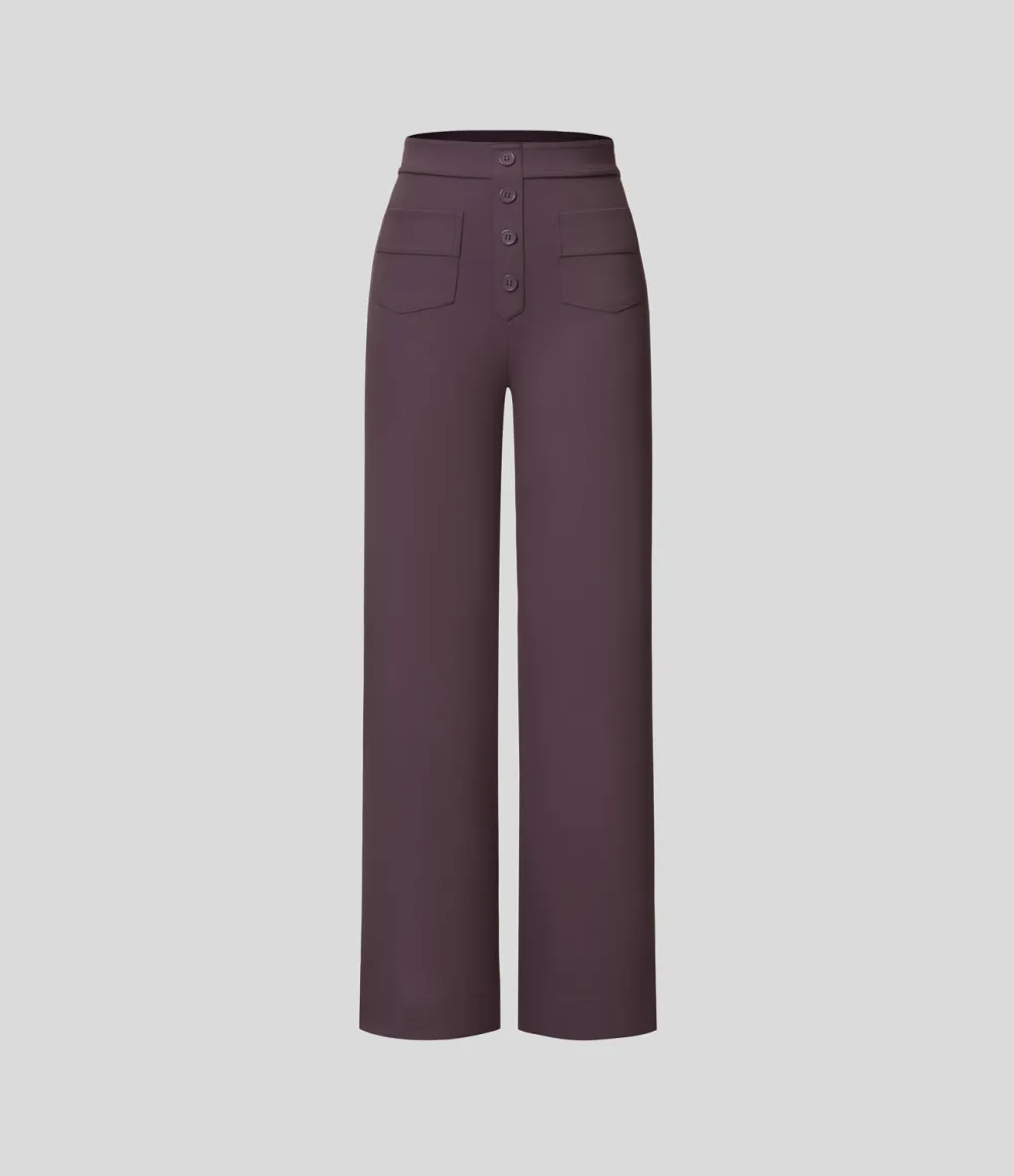 High Waisted Button Multiple Pockets Straight Leg Casual Pants