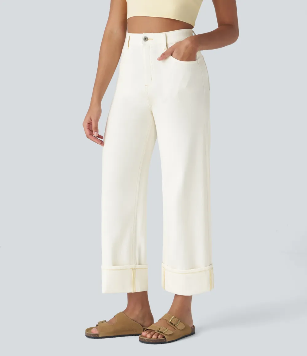 Magic High Waisted Multiple Pockets Rolled Hem Wide Leg Washed Stretchy Knit Casual Jeans