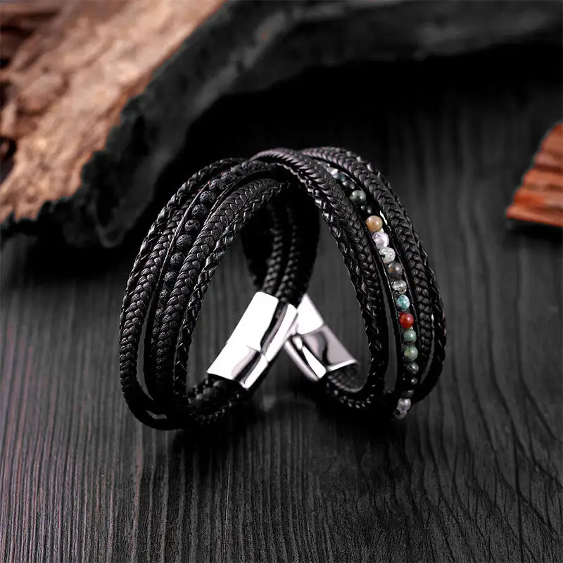 Hematite Agate Tiger Eye Amazonite Beaded Leather Bracelet
