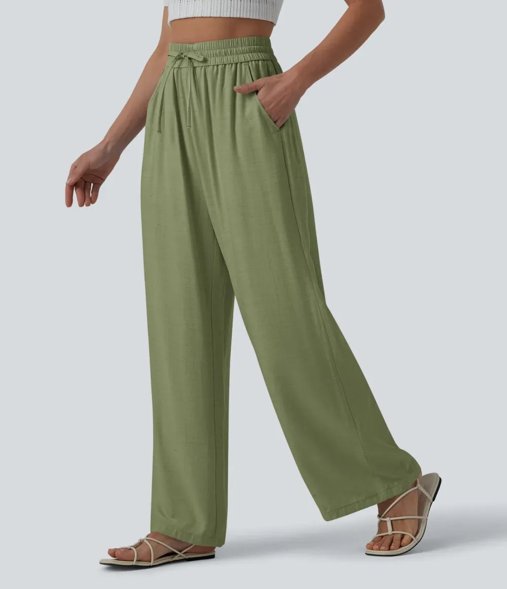 2026🔥High Waisted Drawstring Wide Leg Casual Linen-Blend Trousers with Pockets