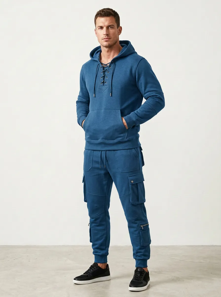 Core Lace-Up Multi Pocket Active Look Men's Lace Up Hoodie And Cargo Jogger Set