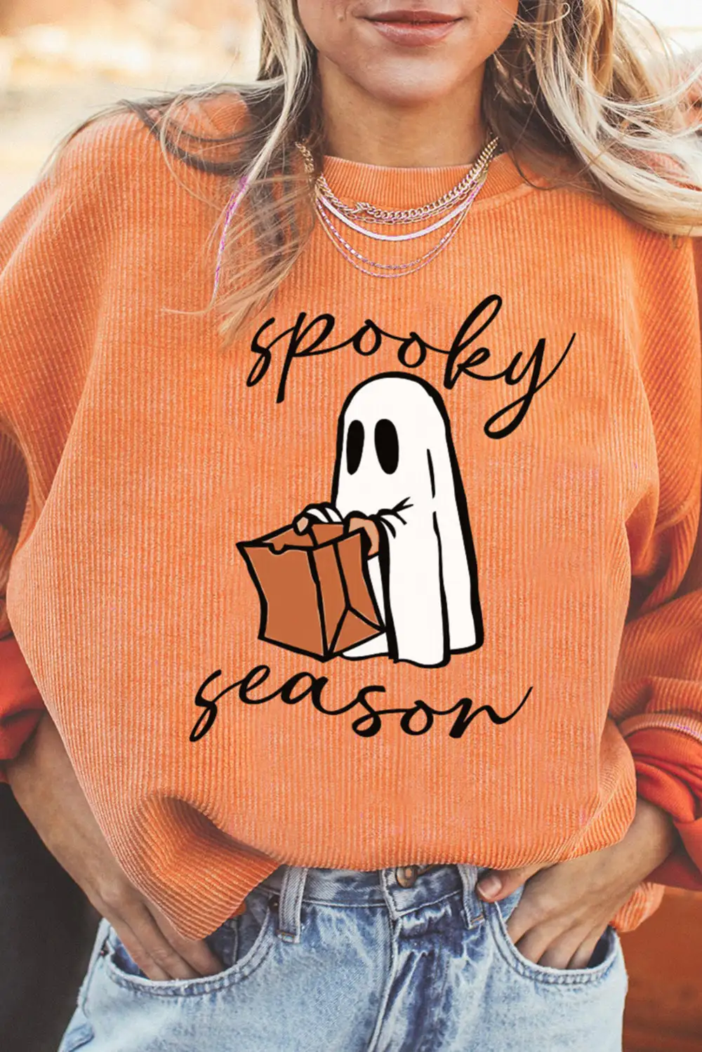 Spooky Season Ghost Print Ribbed Sweatshirt