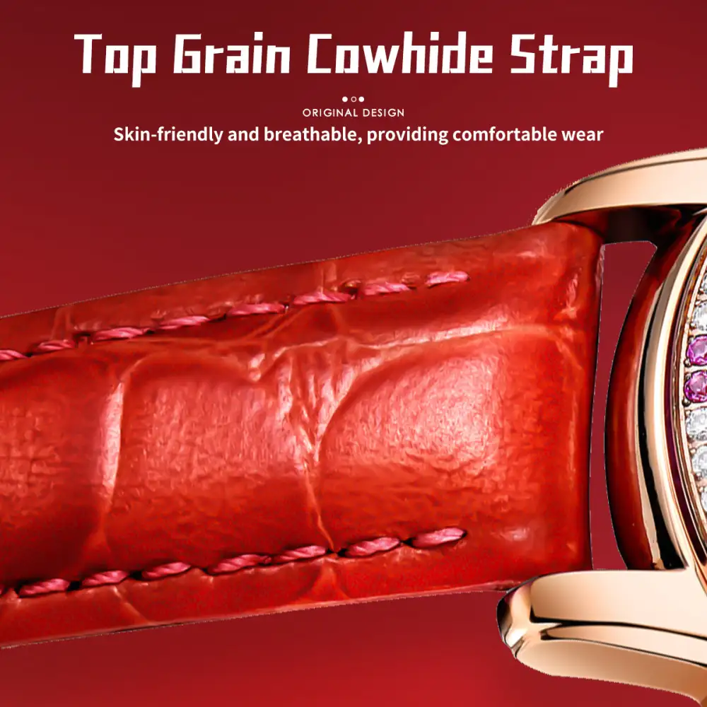 Sollen SL408 Women's Dandelion Skeleton Automatic Watch - 35mm Crystal Bezel Mother of Pearl Dial Leather Strap Wristwatch