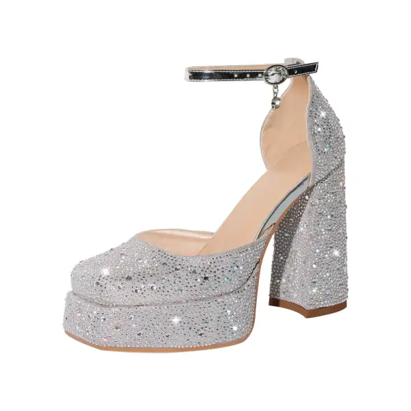 Rhinestone Square Toe Low Platform Chunky Heel Pumps