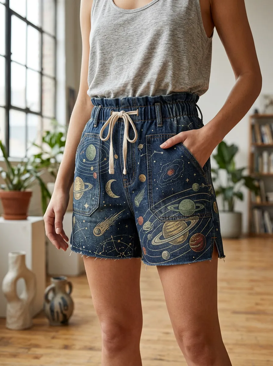 Women's Relaxed Space Astronomy Lover Planet Printed Denim Shorts