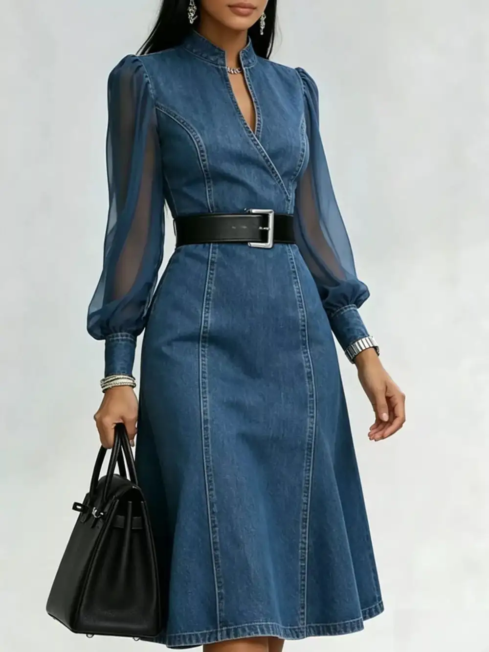 Midi Dress with Sheer Sleeves