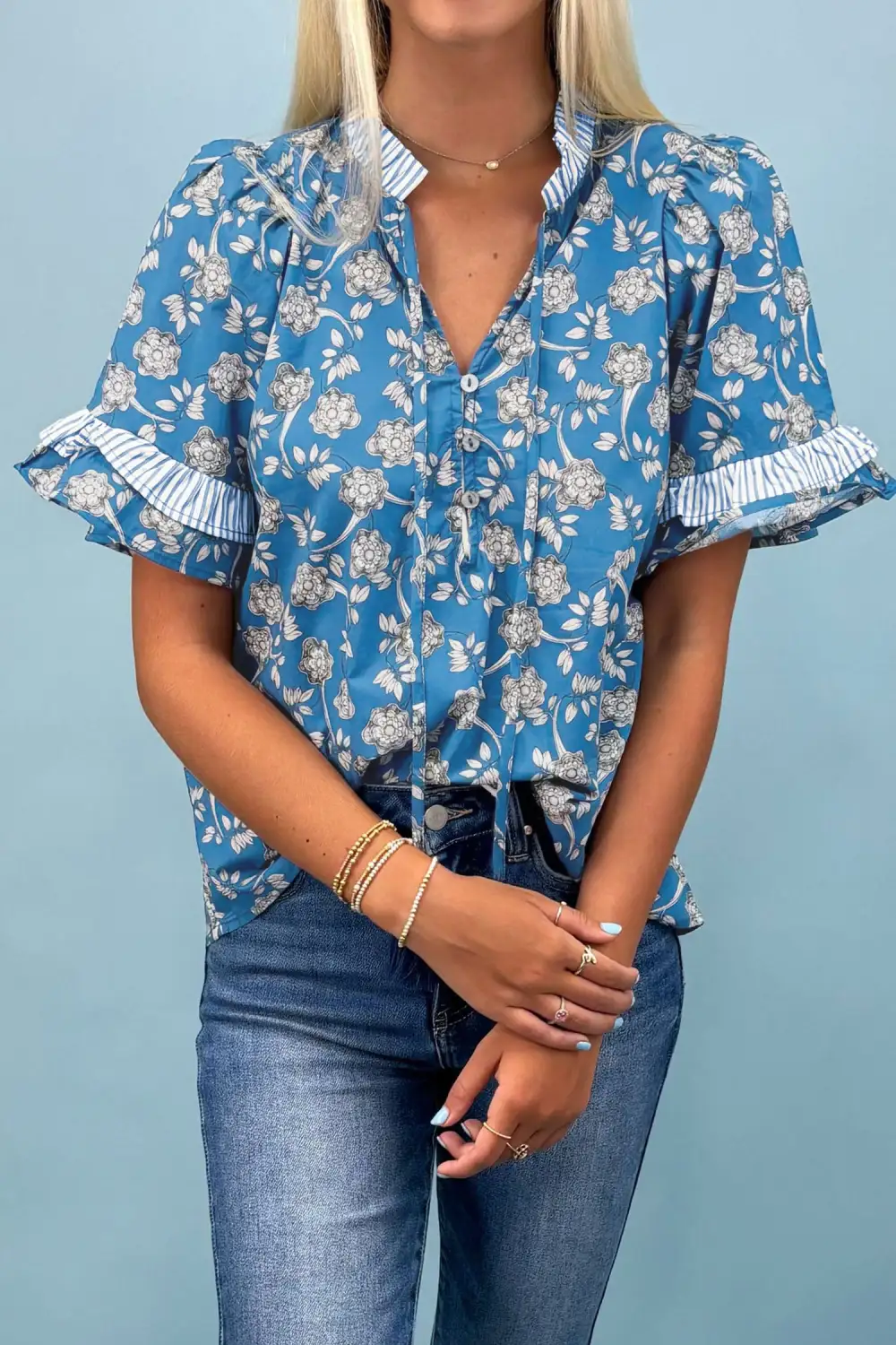 Women's Floral Print Striped Tie Neck Top