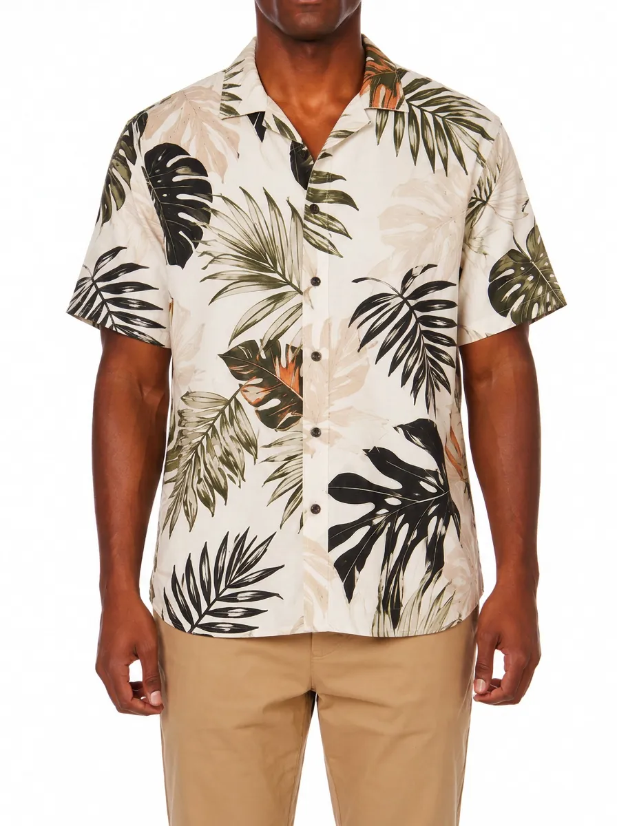 Men's Tropical Leaf Print Camp Collar Shirt with All-Over tropical leaf print in a , earthy color palette