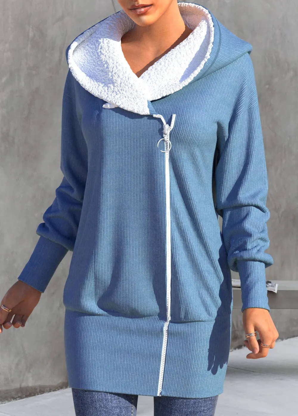 Dusty Blue Zipper Long Sleeve Jacket
