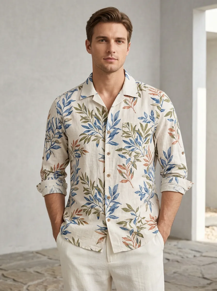 Men's Botanical Easygoing Printed Linen Shirt