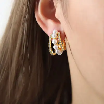 Pearl C Hoop Drop Earrings