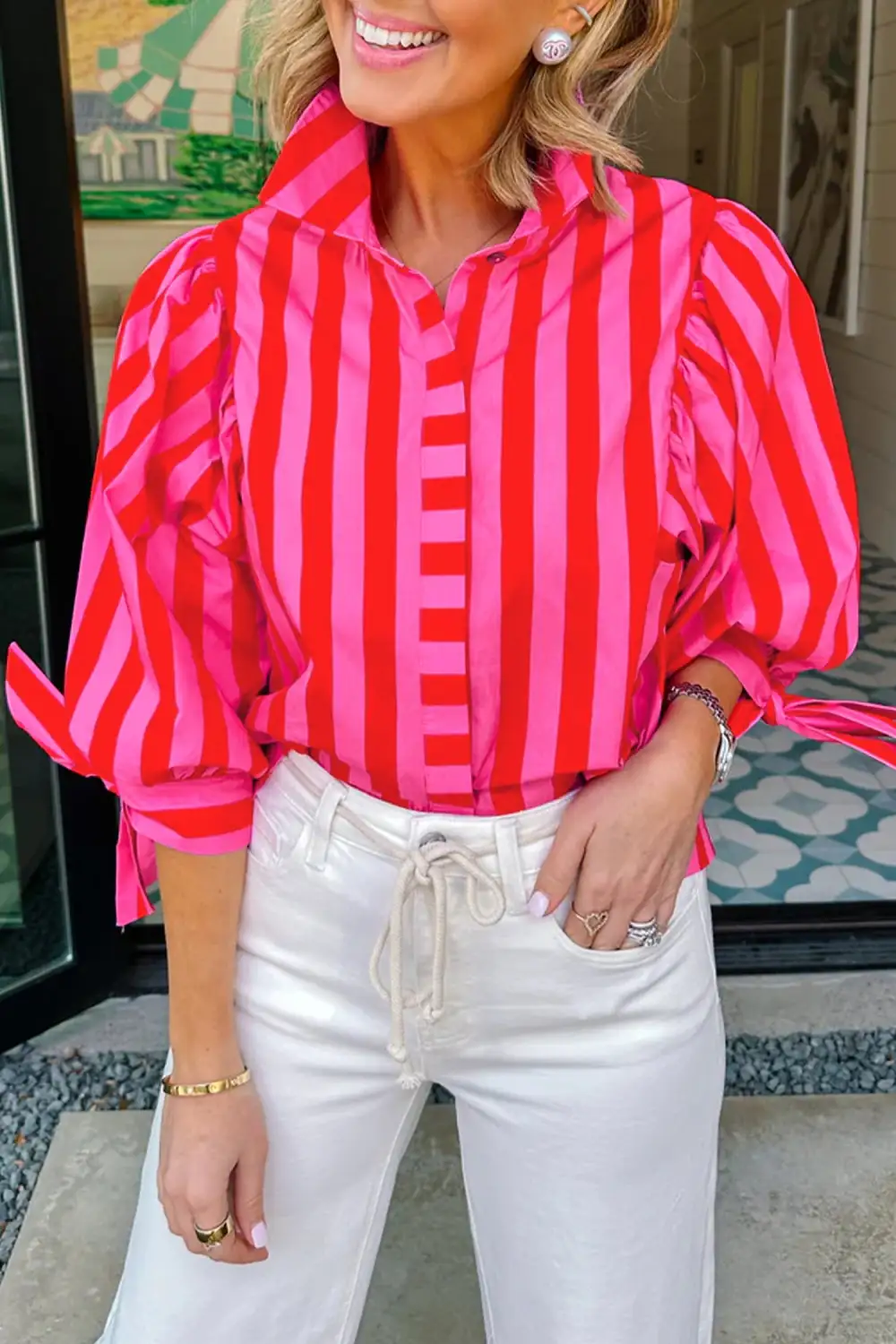 Women's Striped Puff Sleeve Blouse
