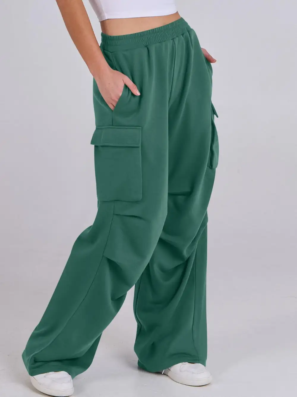 Elastic Waist Wide Leg Pants With Pocket