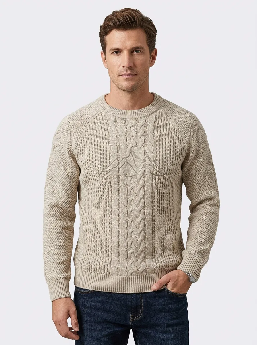 Men's Beige Outdoor Mountain Knit Sweater