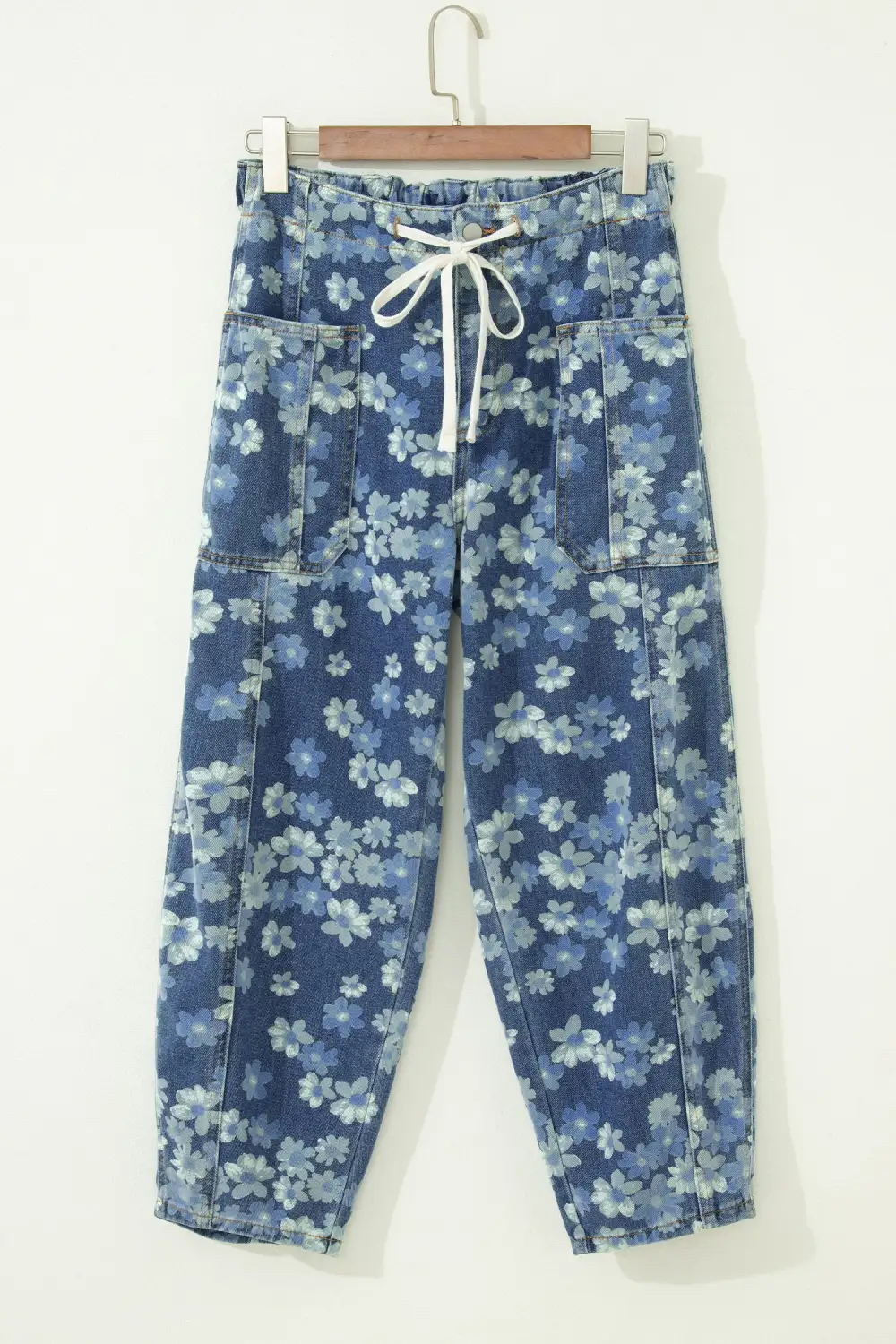 Women's Dainty Floral Printed Drawstring Barrel Jeans