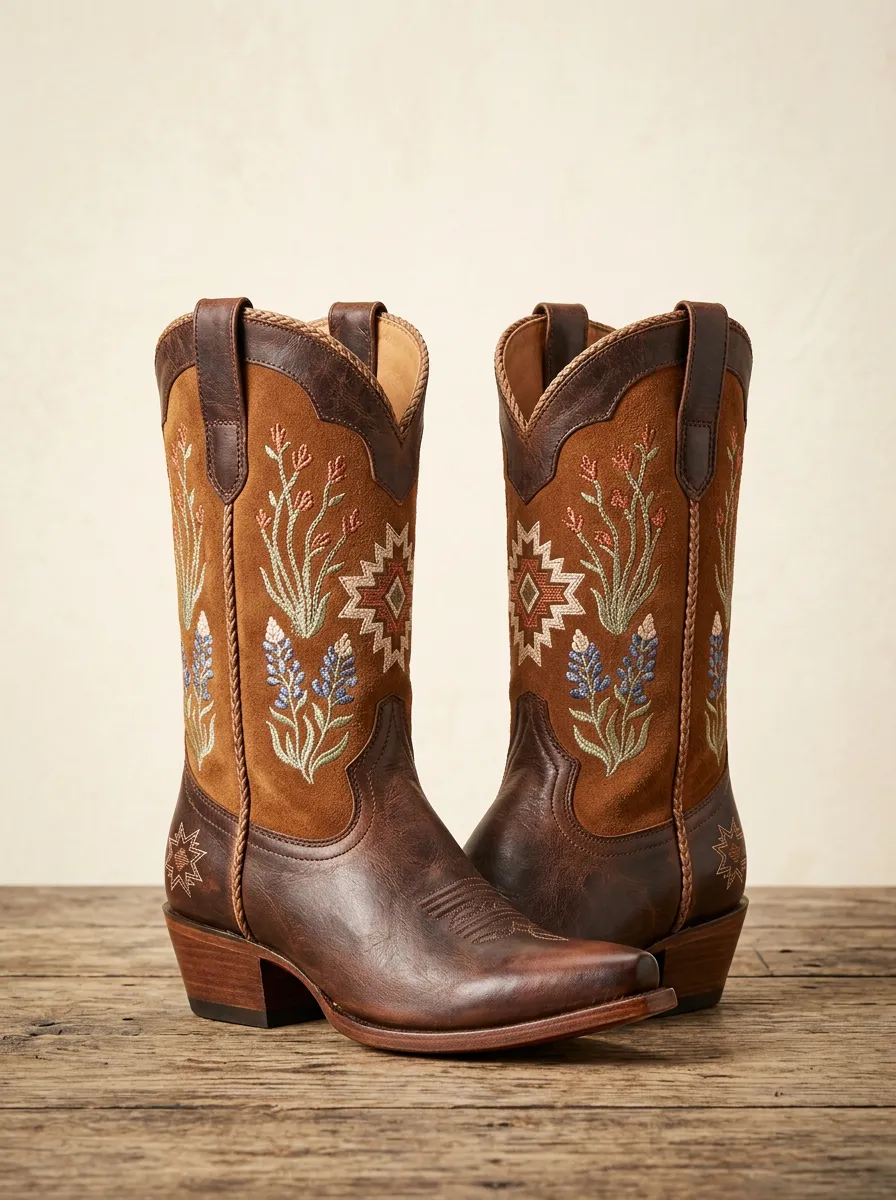 Prairie Floral Geometric Embroidered Profile Unisex Western Cowboy Boots