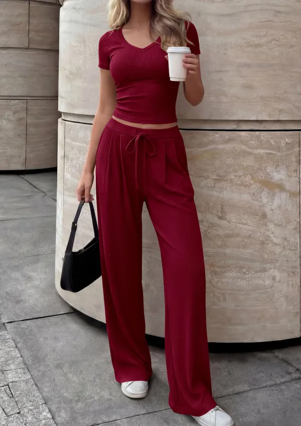 V Neck Tops Wide Leg Pants Set In Red