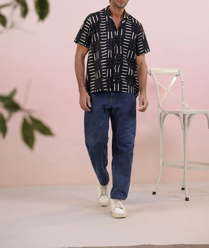 Black Abstract Mulmul Cotton Camp Collar Shirt