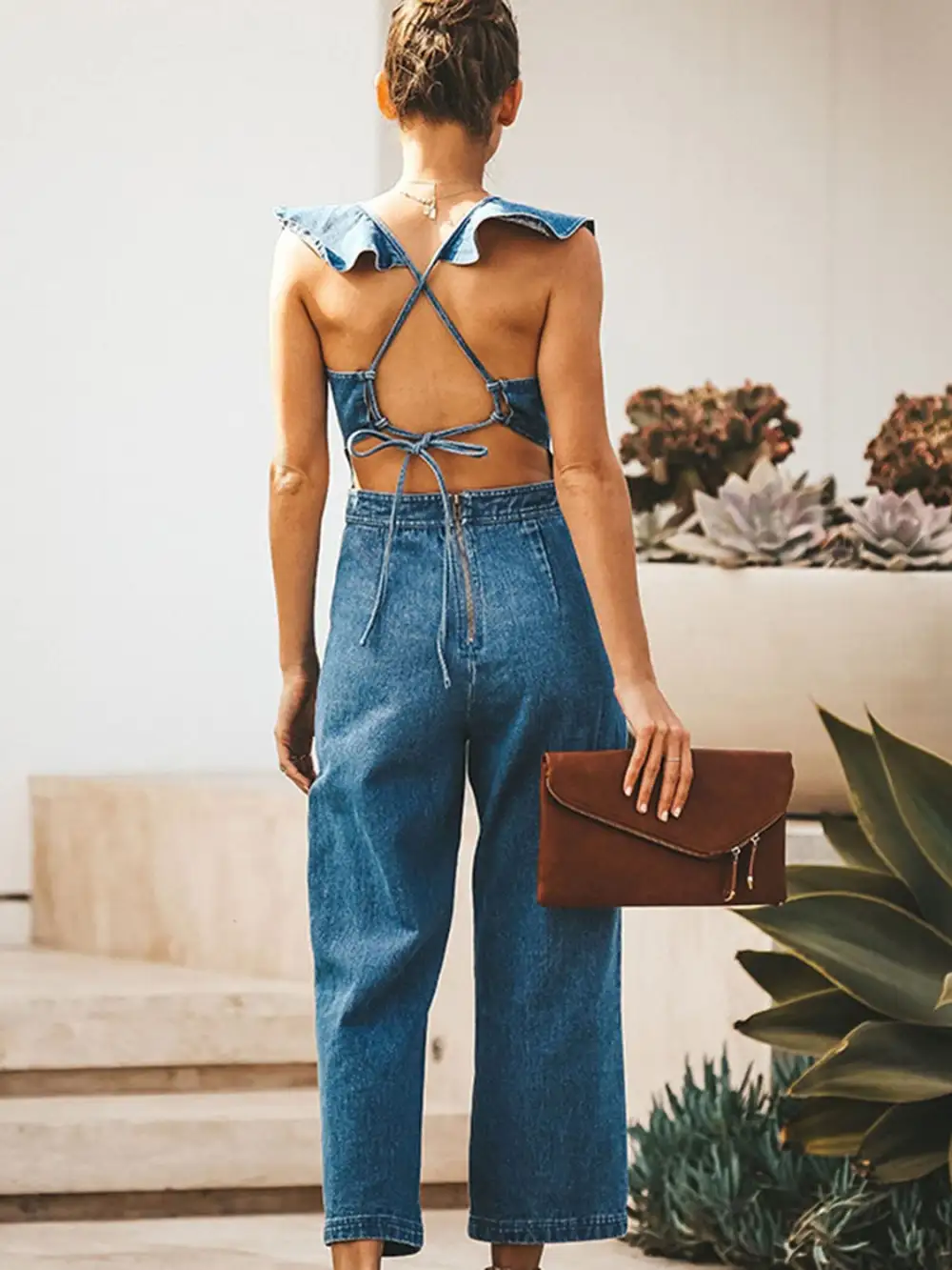 Ruffled Sleeveless Jumpsuit Denim Pants
