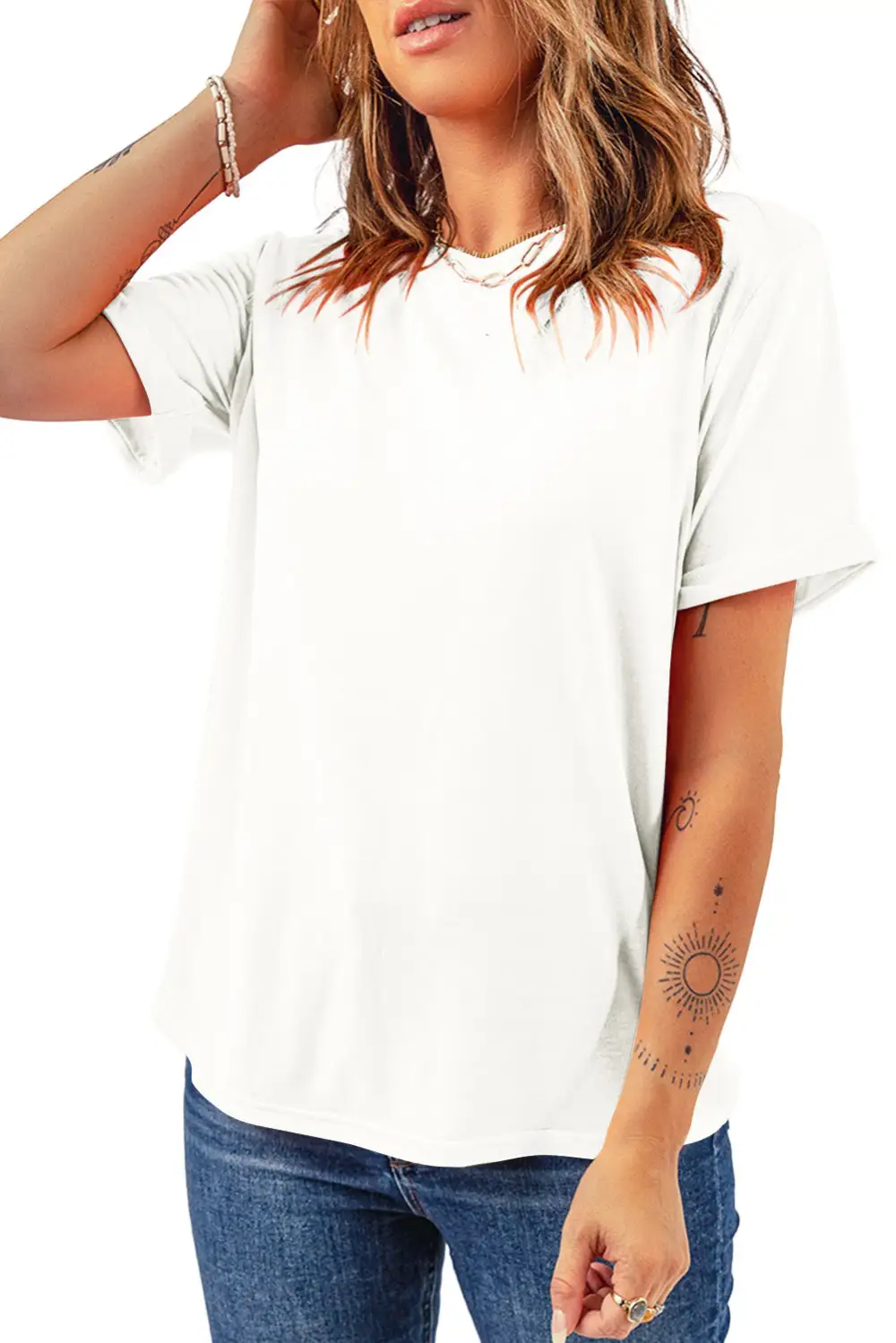 White Casual Plain Crew Neck
