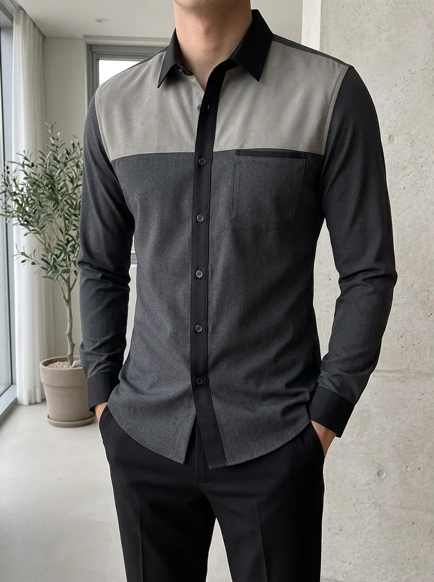 Men's Modern Colorblock Chest Pocket Long Sleeve Slim Fit Shirt