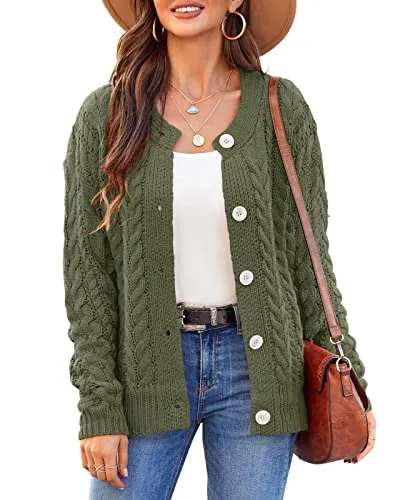 Women Loose Long Sleeve Crewneck Cable Knit Sweater Open Front Button Down Cardigan Soft Chunky Rid Outwear Coat