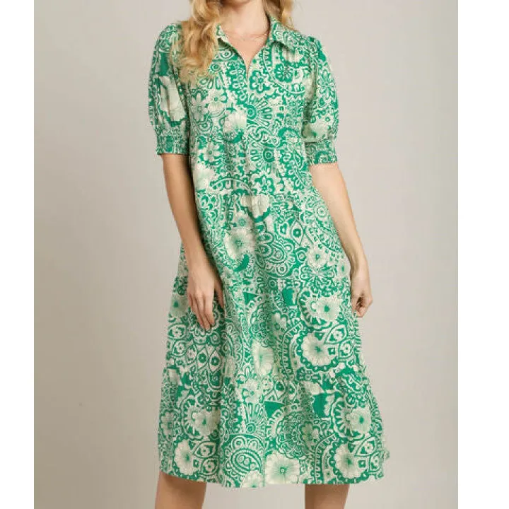 Full Size Smocked Cuff Puff Sleeve Midi Dress Plus Size