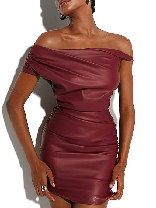 Imitation Leather Skew Shoulder Kink Mini Dress