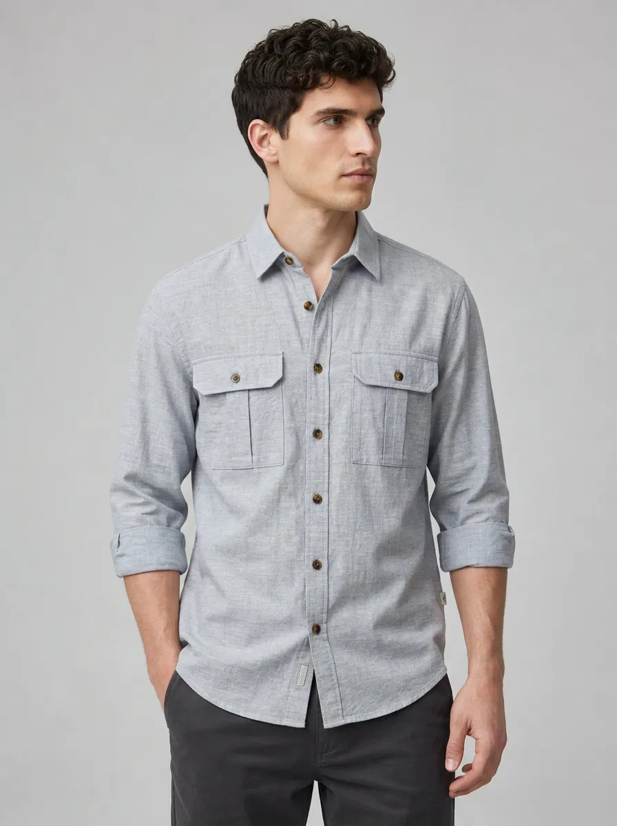 Men's Casual Breathable Grey Double Pocket Button-Down Shirt