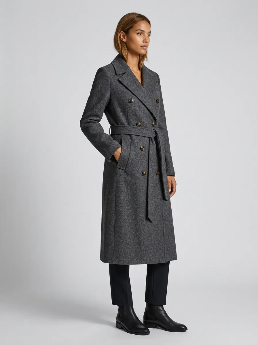 Women's Classic Gray Wool-Blend Double-Breasted Belted Coat