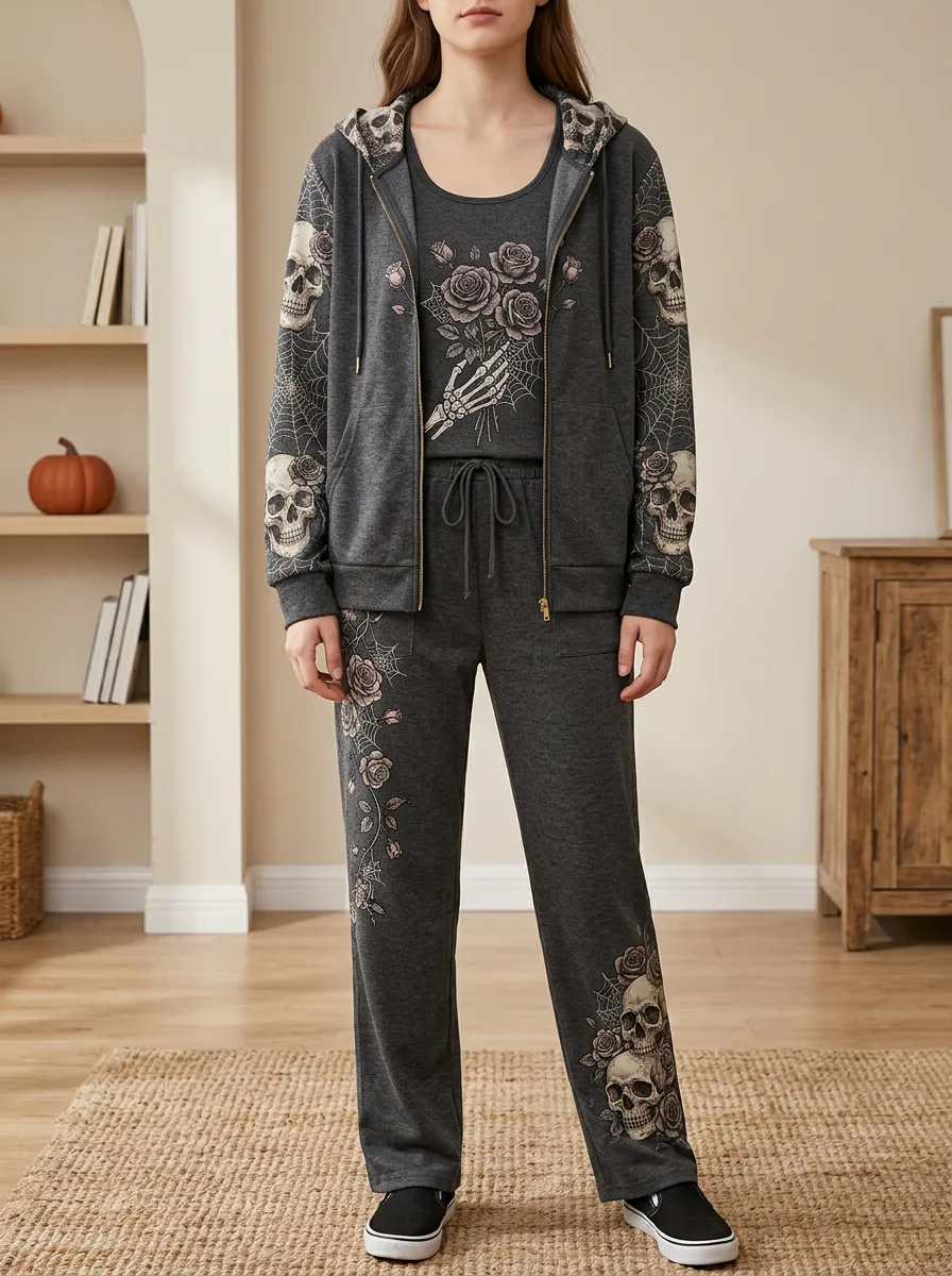 Women's Halloween Gothic Skull Rose Printed Hoodie and Pants Set