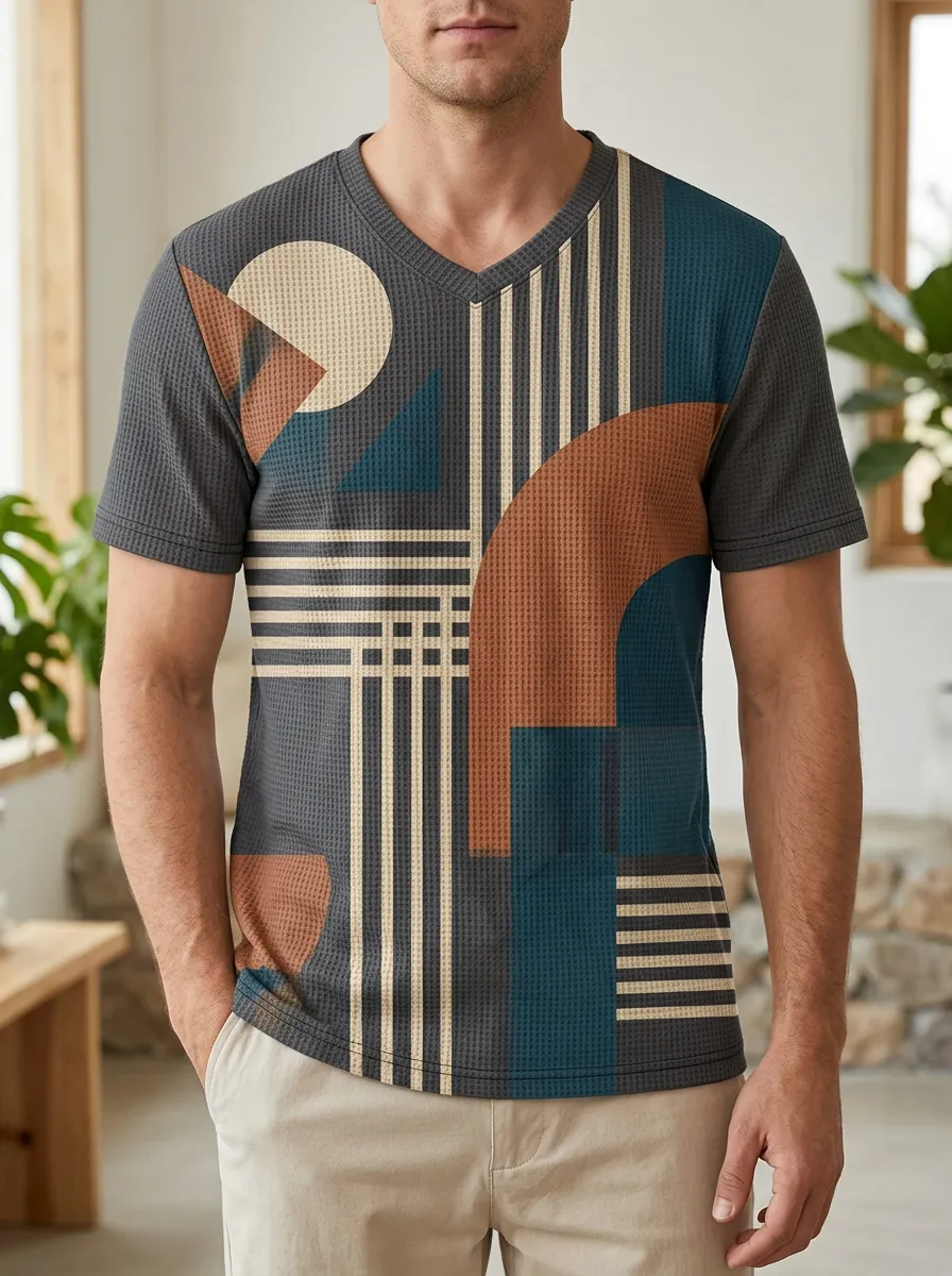 Men's Curved Geometric Abstract Pattern V-Neck T-Shirt
