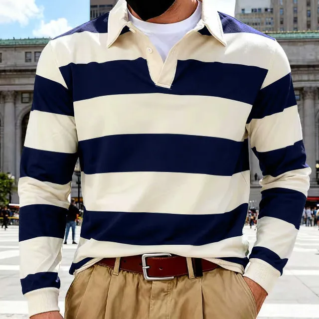 Ribbed Striped Button Placket Cotton Polo Shirt