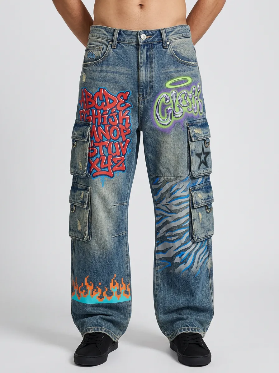 Men's Graffiti Alphabet Flame Zebra Graphic Cargo Jeans